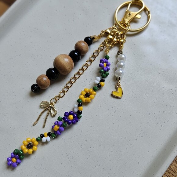 Floral Beaded Charm Keychain | Handmade Keyring with Wood Beads, Pearls, Bees - Picture 1 of 7